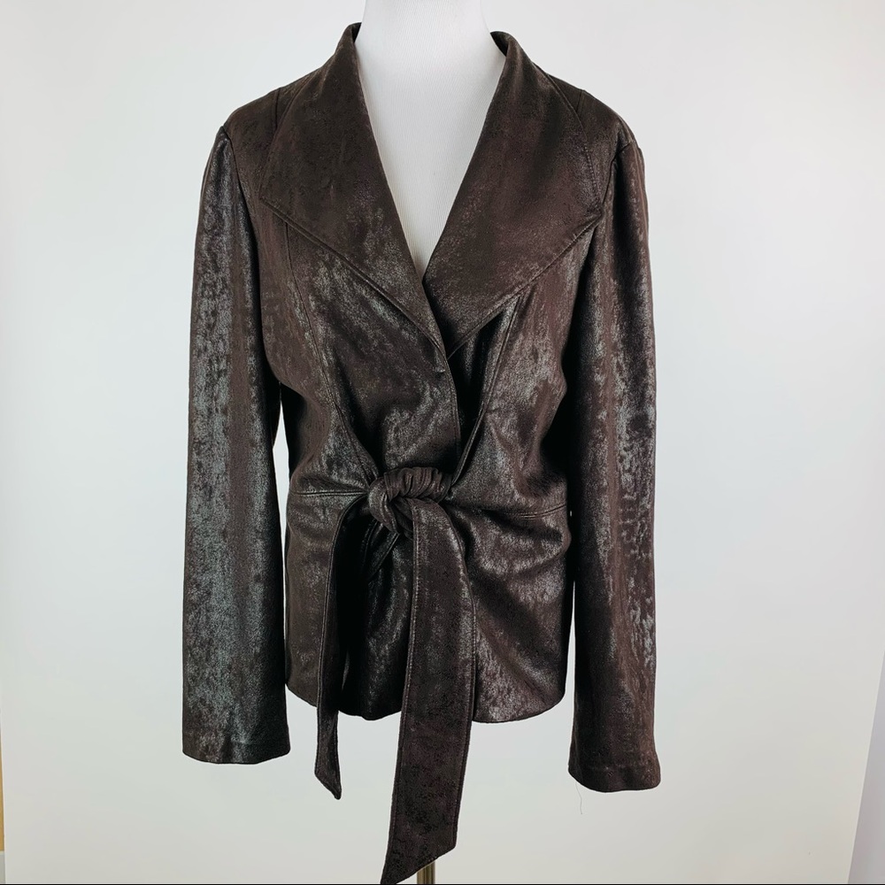 Joseph Ribkoff Brown Faux Leather Tie Front Jacket